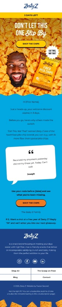 Zesty Z welcome email don't let this one slip by