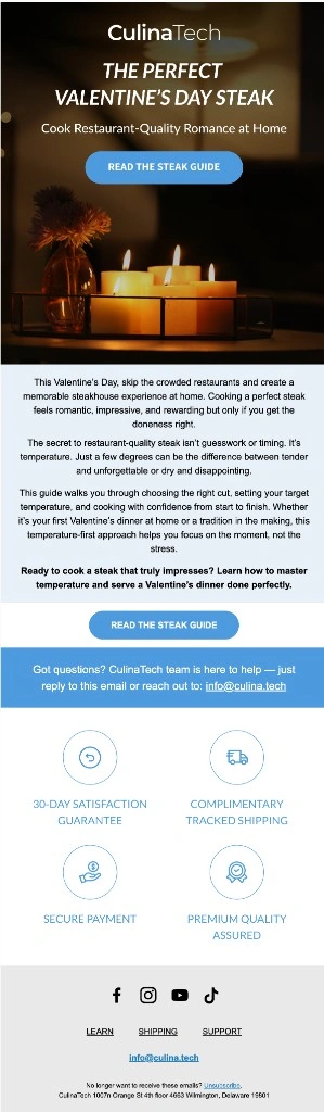 CulinaTech Valentine's Day steak guide email