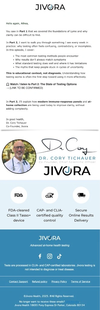 Jivora Lyme testing education email part 2