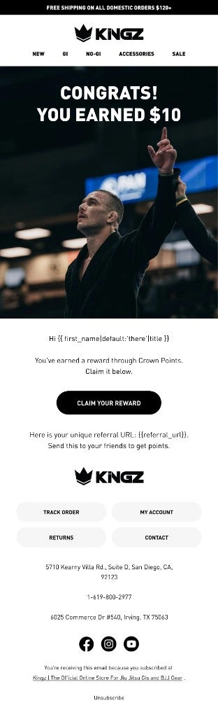 Kingz $10 loyalty reward email