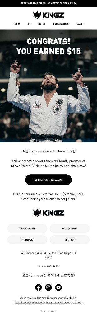 Kingz $15 loyalty reward email